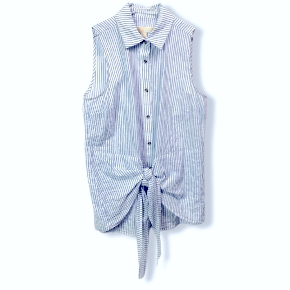 Michael Kors top, blue & white striped, seersucker vibe, sleeveless, tie front